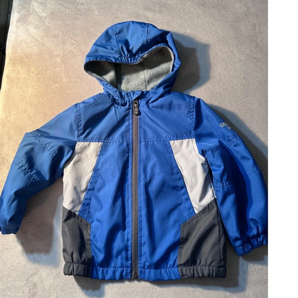 OshKosh B'gosh Toddler Boys Blue Grey Fleece Lined Hooded Windbreaker Jacket 2T